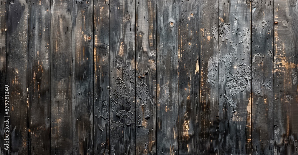 Fototapeta premium A close-up of weathered wooden planks reveals a textured surface of charred black paint, peeling edges, and exposed wood grain.