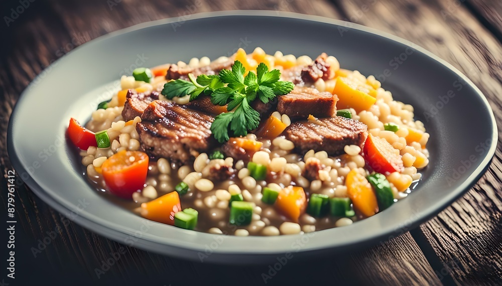 barley porridge with meat and vegetables on a dark wood background. tinting. selective focus
barley porridge with meat and vegetables on a dark wood background. tinting. selective focus