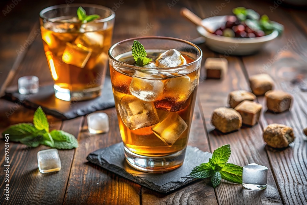 Refreshing tea in a transparent glass, decorated with lemon and mint Refreshing tea in a transparent glass, decorated with lemon and mint