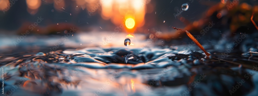 A tight shot of a sunset-kissed puddle, surrounded by trees in the foreground A tight shot of a sunset-kissed puddle, surrounded by trees in the foreground