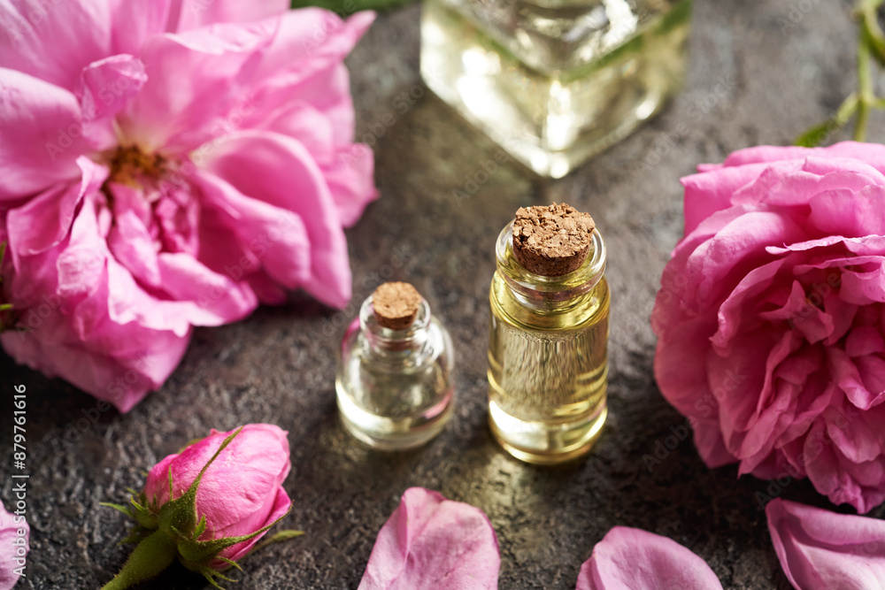 Cabbage rose flowers with bottles of aromatherapy essential oil Cabbage rose flowers with bottles of aromatherapy essential oil