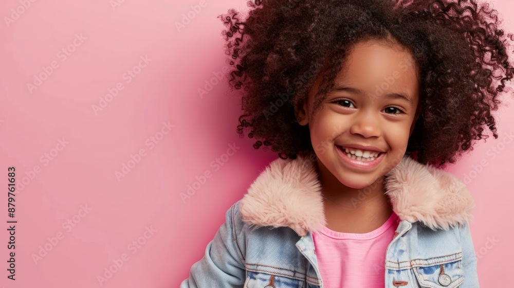 A young girl with curly hair smiles brightly against a pink background A young girl with curly hair smiles brightly against a pink background