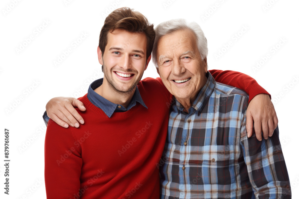 Elderly male person and his son in a warm embrace, smiling at the camera, reflecting a deep sense of family unity. Isolated on white background Elderly male person and his son in a warm embrace, smiling at the camera, reflecting a deep sense of family unity. Isolated on white background