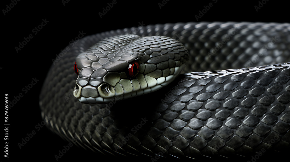 Obraz premium Black mamba snake coiled and ready to strike with red glowing eyes and dark scales