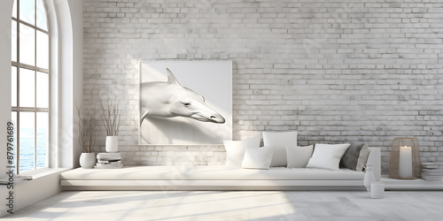 Alluring minimalist white coastal living room interior design with large arched windows, comfy sofa, stylish furniture and dolphin canvas painting photo