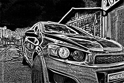 Beautiful car close up.
In the driveway among the garages there is a stylish car with beautiful headlights.