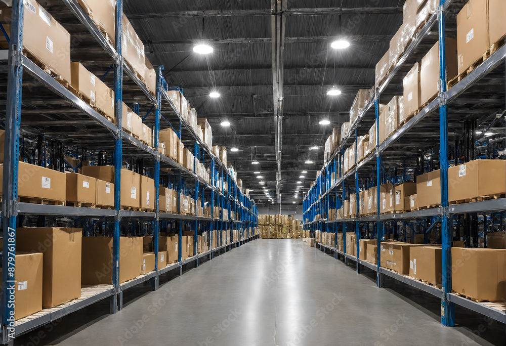 Fototapeta premium Warehouse interior with shelves and boxes