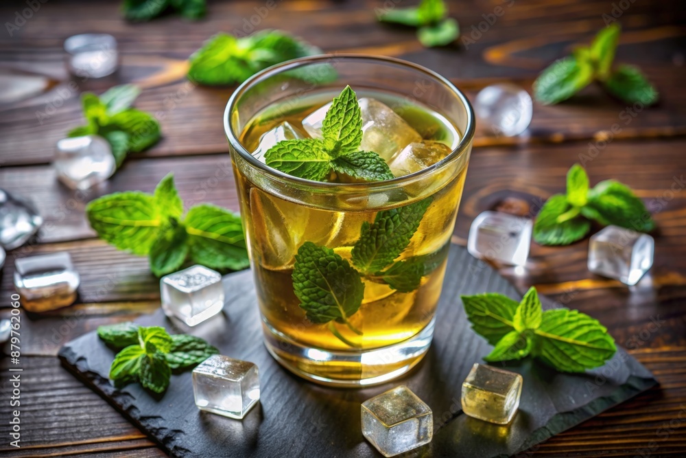 Mint tea in long glass with ice cubes Mint tea in long glass with ice cubes