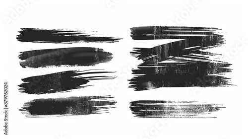 Set of long, narrow, and black abstract brush strokes against a white background, emphasizing minimalism, elegance, and modern artistic simplicity. Ideal for creative projects.