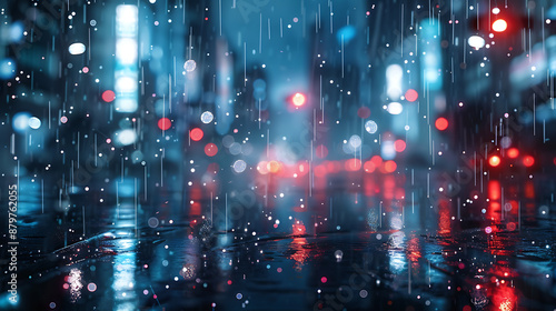 City lights reflecting on wet pavement at night in the rain