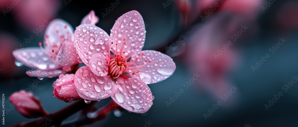Close-up of a pink flower with water droplets on its petals against a dark background Close-up of a pink flower with water droplets on its petals against a dark background