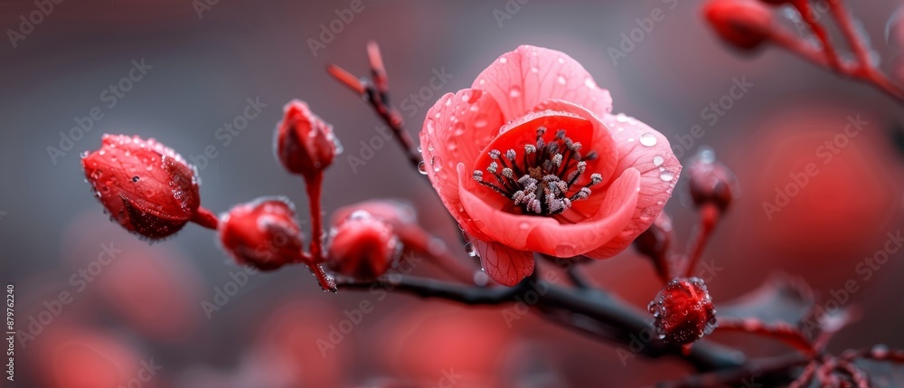 Close-up of a red flower on a branch, with dewdrops on petals against a black backdrop Close-up of a red flower on a branch, with dewdrops on petals against a black backdrop