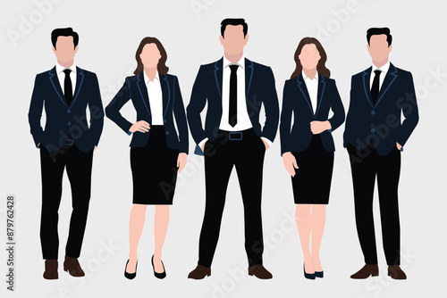 A confident business team. A group of confident businesspeople are standing and posing. Business people silhouettes. Male and female business character isolated on white background.