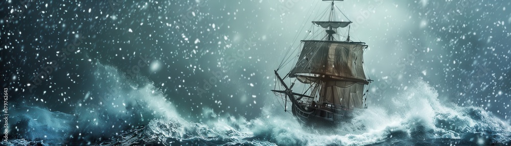 Obraz premium A ship braving a snowy ocean, falling snowflakes and cold waters, highly realistic and detailed scene