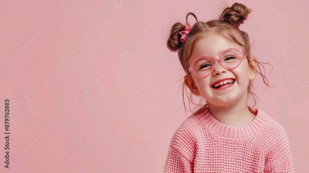 Young girl with pigtails and pink glasses smiles against pink background Young girl with pigtails and pink glasses smiles against pink background