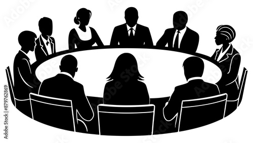 Group of people, men and women, sitting at a round table and talking to each other silhouette black vector illustration