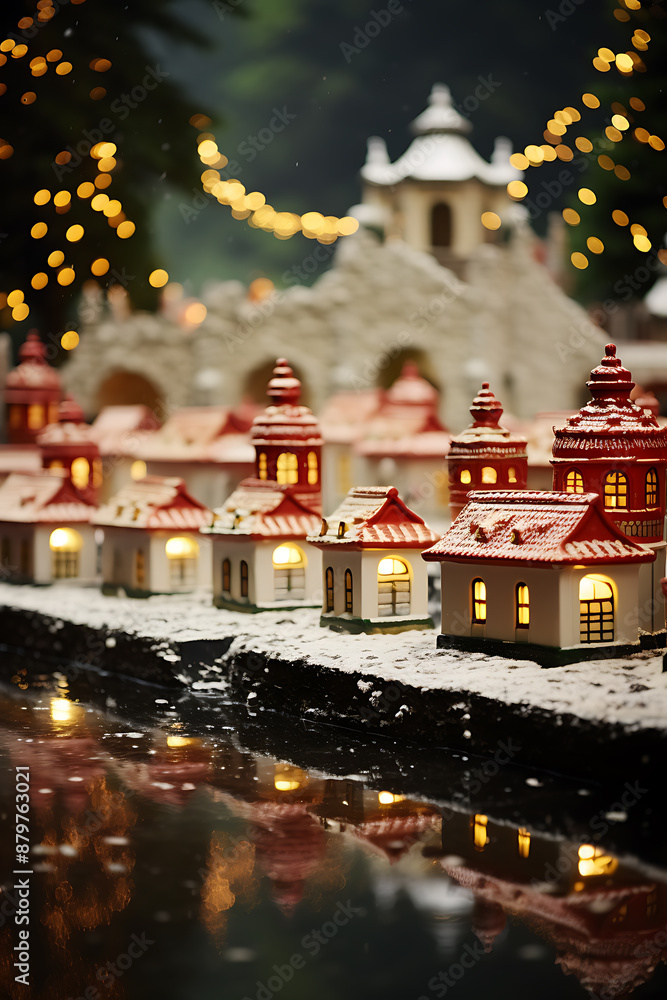 Fototapeta premium Small model houses with lights and a blurred background in a winter setting