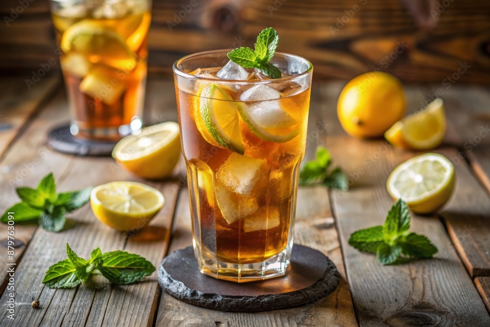 Refreshing tea in a transparent glass, decorated with lemon and mint Refreshing tea in a transparent glass, decorated with lemon and mint