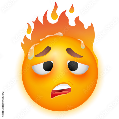 Hot emoji with flame. Overheated sweating emoticon.  Vector emoji on white background. Yellow face. Cute emoticon