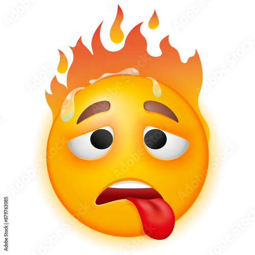Hot emoji with flame. Overheated sweating emoticon with tongue.  Vector emoji on white background. Yellow face. Cute emoticon