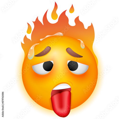 Hot emoji with flame. Overheated sweating emoticon with tongue.  Vector emoji on white background. Yellow face. Cute emoticon