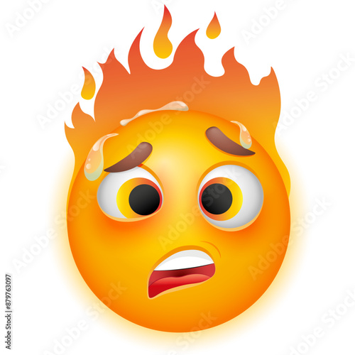 Hot emoji with flame. Overheated emoticon.  Vector emoji on white background. Yellow face. Cute emoticon