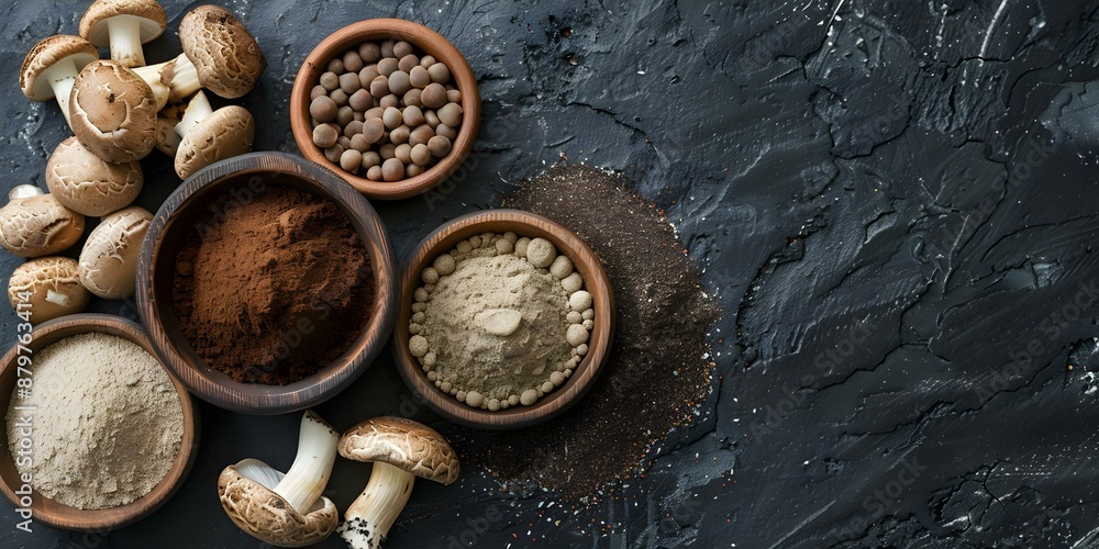 Blend of Various Dried Mushroom Powders for a Nutritious Coffee Alternative. Concept Dried Mushrooms, Mushroom Powder, Coffee Substitute, Nutritious Blends Blend of Various Dried Mushroom Powders for a Nutritious Coffee Alternative. Concept Dried Mushrooms, Mushroom Powder, Coffee Substitute, Nutritious Blends