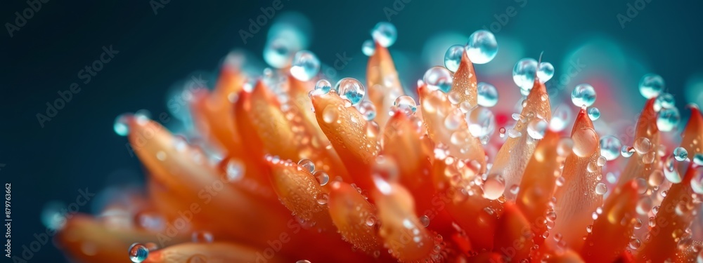 A tight shot of a bloom, adorned with water droplets on its petals, and the flower's wet center A tight shot of a bloom, adorned with water droplets on its petals, and the flower's wet center
