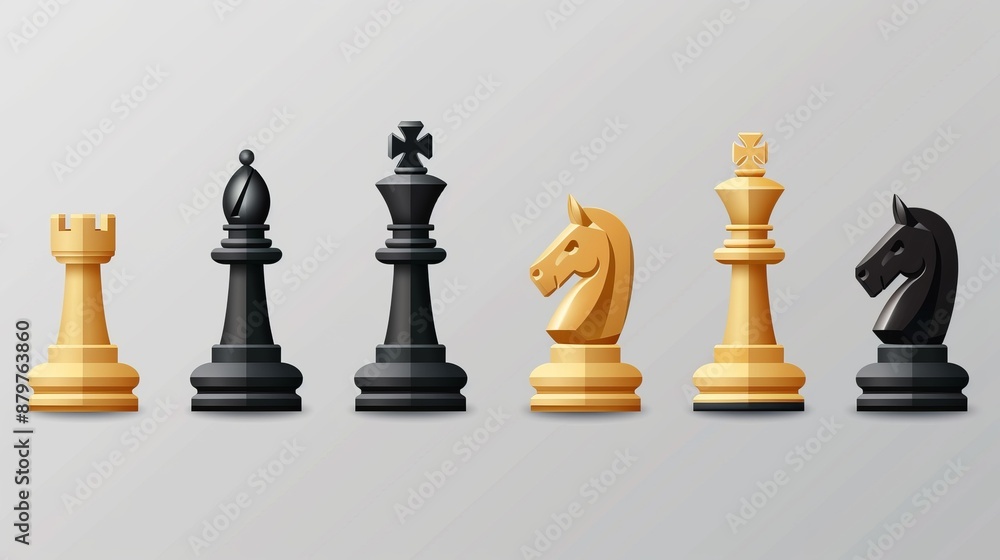 Vector illustration of a modern chess set featuring gold and black pieces including pawns, knights, bishops, and rooks, representing a stylish and sophisticated design. Vector illustration of a modern chess set featuring gold and black pieces including pawns, knights, bishops, and rooks, representing a stylish and sophisticated design.