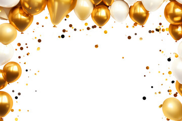 Festive banner frame with gold confetti and balloons Isolated on white background