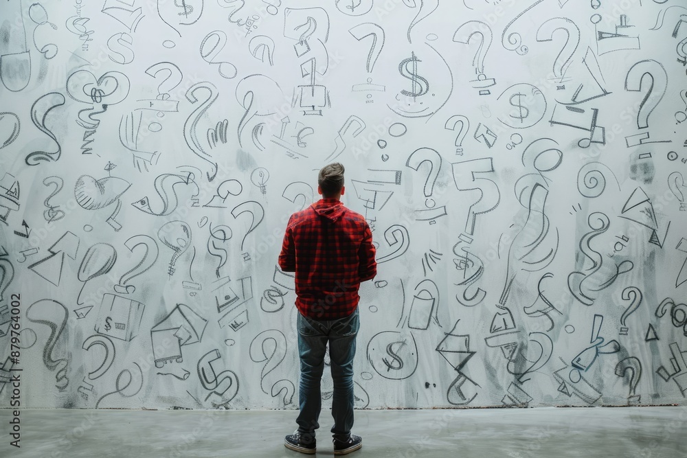 Man Contemplating a Wall of Questions Man Contemplating a Wall of Questions