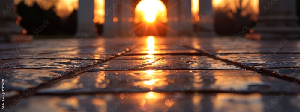 A tight shot of a tiled floor, sun reflecting off its mirror-like reflection on the wet surface A tight shot of a tiled floor, sun reflecting off its mirror-like reflection on the wet surface