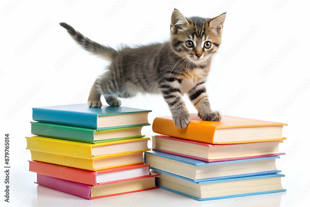 A kitten is standing on top of a stack of books. Concept of curiosity and playfulness, as the kitten seems to be exploring its surroundings. The books, which are of various sizes and colors A kitten is standing on top of a stack of books. Concept of curiosity and playfulness, as the kitten seems to be exploring its surroundings. The books, which are of various sizes and colors