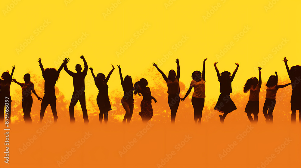 A group of diverse people are jumping in the air with joy, with a bright yellow background. A group of diverse people are jumping in the air with joy, with a bright yellow background.