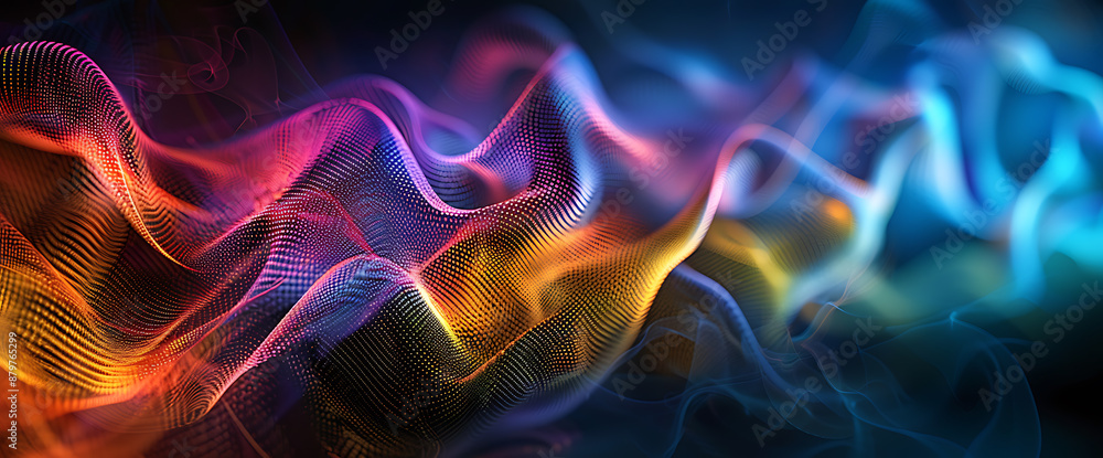 Fototapeta premium Multicolored flowing wave of luminous particles on dark background