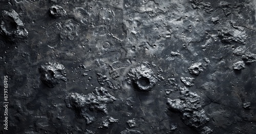 A close-up of a cratered, metallic surface, resembling a moon or asteroid, reveals a rugged landscape of craters, crevices, and textured rock formations.