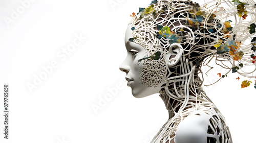 The image is of a woman made of white plastic with colorful floral and leaf-like elements growing out of her head and neck, conveying a sense of surreal beauty and growth. photo