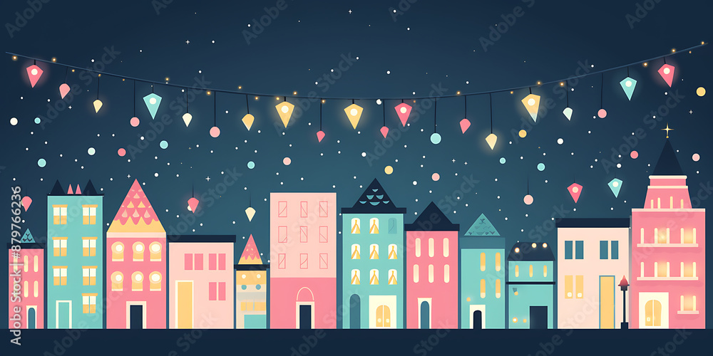 Fototapeta premium A beautiful winter night scene of a small town with colorful houses and twinkling lights.