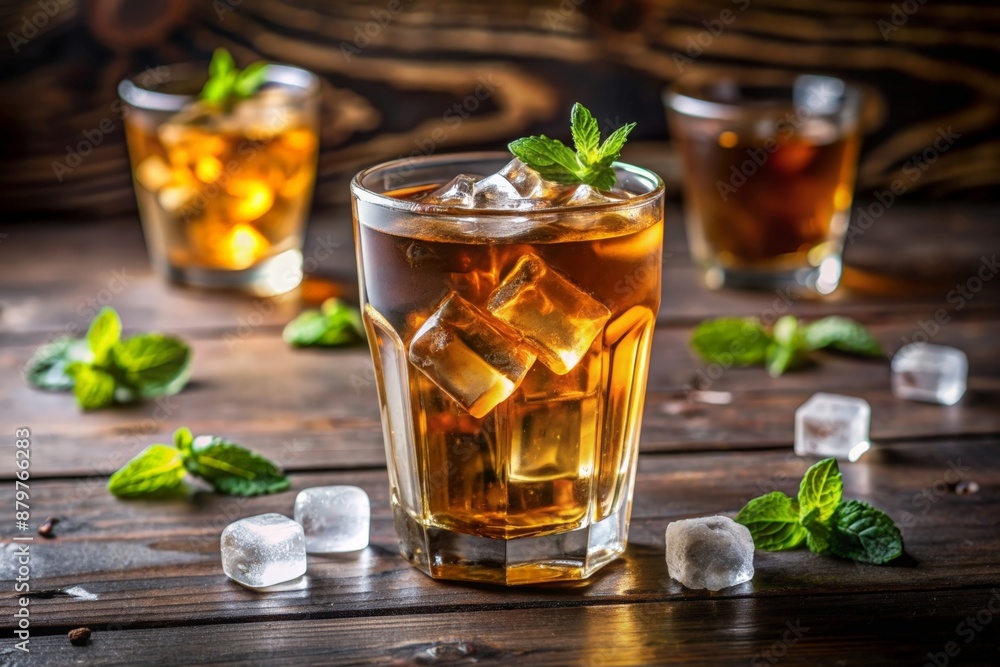 Refreshing tea in a transparent glass, decorated with lemon and mint Refreshing tea in a transparent glass, decorated with lemon and mint
