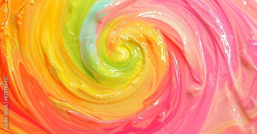 A vibrant swirl of paint in shades of pink, orange, yellow, green, and blue, creates a mesmerizing, abstract pattern.