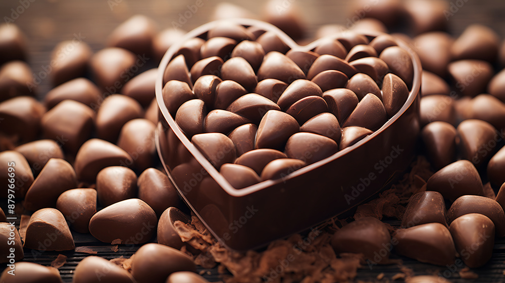 Fototapeta premium Heart shaped box filled with lots of chocolate candies on a wooden table