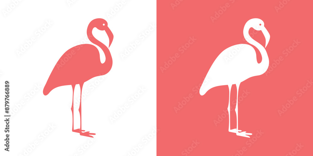 Obraz premium Two flamingos, pink and white, silhouette style isolated on white and pink background for icons, webs, stickers, posters, wallpapers