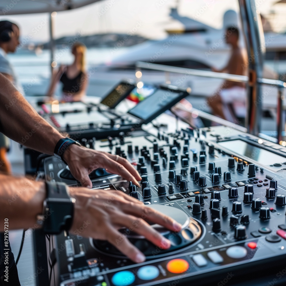 DJ hands mixing music on console mixer board at a luxury yacht party at sea in summer on vacation close-up dj, DJ hands mixing music on console mixer board at a luxury yacht party at sea in summer on vacation close-up dj,