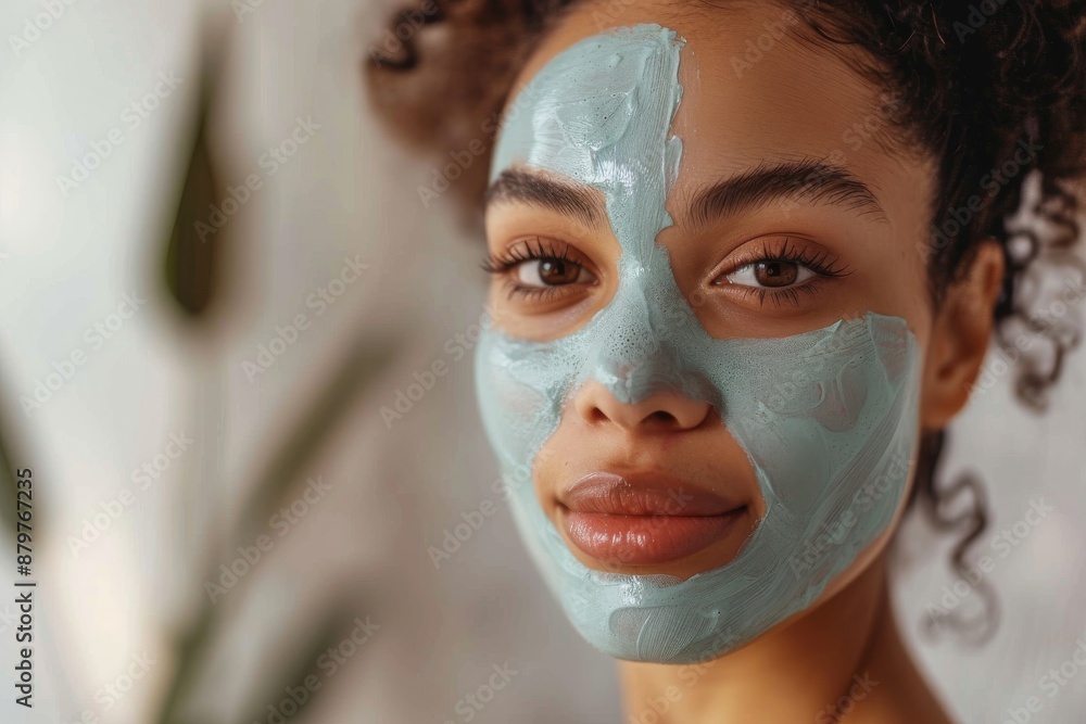 Close-up of woman in blue mask with natural light enhancing texture. Serene gaze meets camera Close-up of woman in blue mask with natural light enhancing texture. Serene gaze meets camera