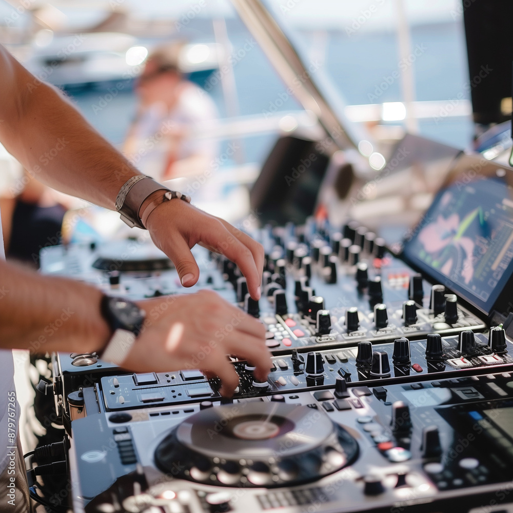 DJ hands mixing music on console mixer board at a luxury yacht party at sea in summer on vacation close-up dj, DJ hands mixing music on console mixer board at a luxury yacht party at sea in summer on vacation close-up dj,