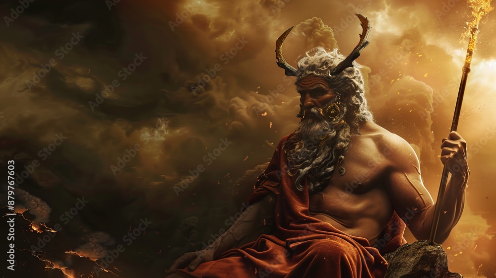 A visually stunning, dramatic representation of a mythological figure holding a staff, dressed in an orange robe, and crowned with antlers, evoking ancient tales and legends. A visually stunning, dramatic representation of a mythological figure holding a staff, dressed in an orange robe, and crowned with antlers, evoking ancient tales and legends.