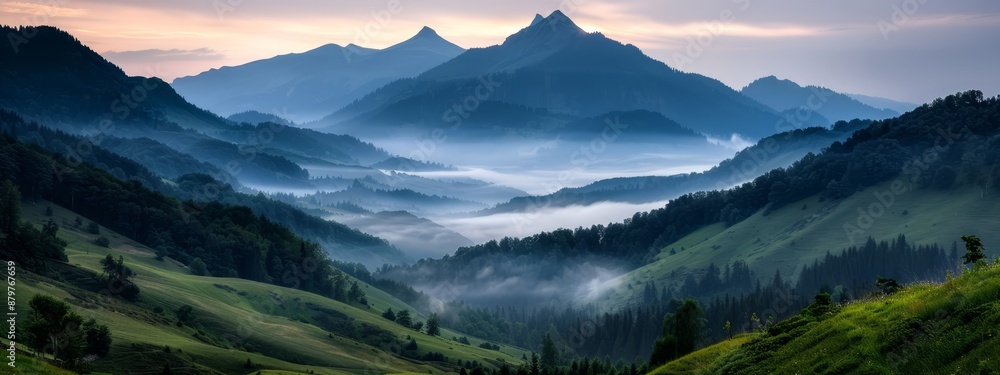 A mountain range with a fog-veiled valley in the foreground and trees lining the edge A mountain range with a fog-veiled valley in the foreground and trees lining the edge