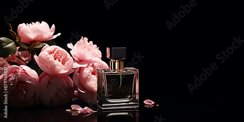 Fototapeta Naklejka Na Ścianę i Meble -  Pink peonies dark perfume bottle elegant fragrance luxury floral still life.

