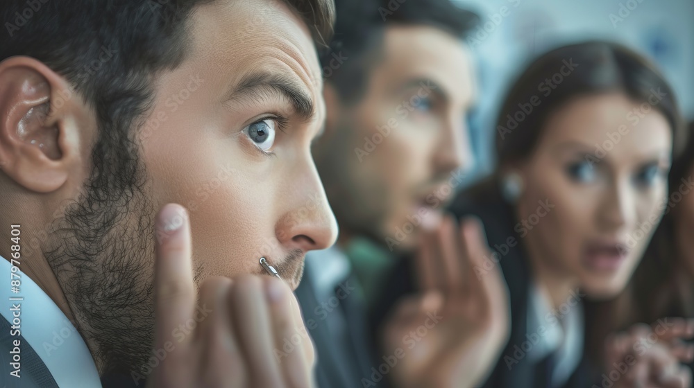 A young man wearing a headset looking surprised and alert, with people in the background mirroring his expression, indicating an unexpected or shocking news in a business setting. A young man wearing a headset looking surprised and alert, with people in the background mirroring his expression, indicating an unexpected or shocking news in a business setting.