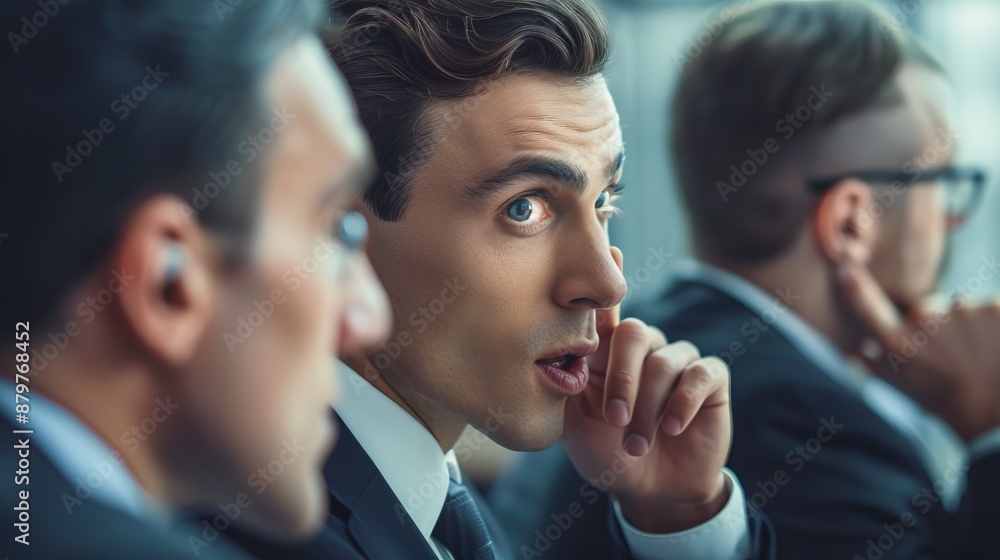A well-dressed young man appearing shocked while listening during a business meeting, with his colleagues in the background showing varied reactions, highlighting a surprising revelation. A well-dressed young man appearing shocked while listening during a business meeting, with his colleagues in the background showing varied reactions, highlighting a surprising revelation.